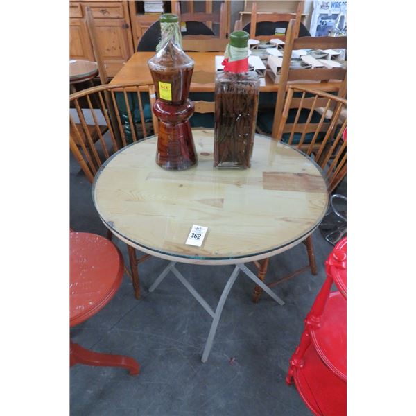 Butcher Block Folding Glass Round Table w/2 Chairs