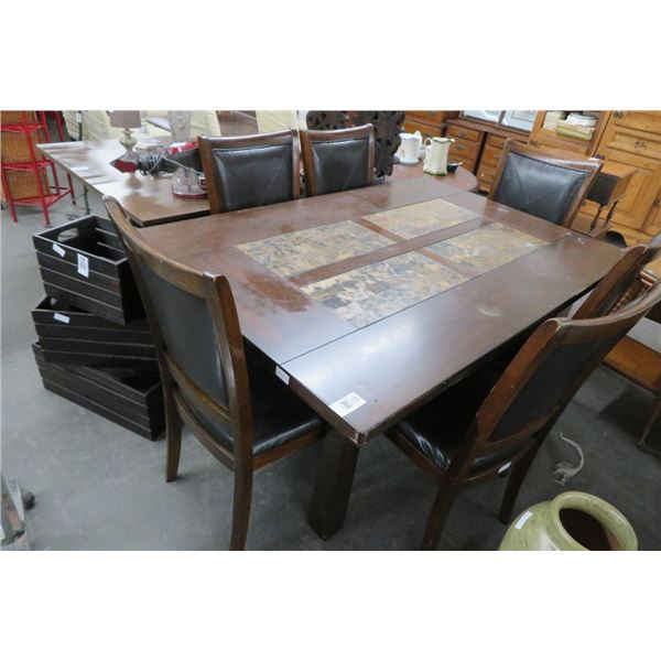 Mahogany Tile Inlay Dining Table w/6 Leather Padded Chairs