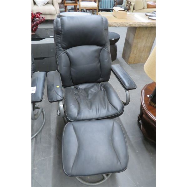 Black Leather "Stainless" Style Chair w/Ottoman