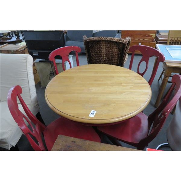 Round Oak Dining Table w/4 Red Chairs