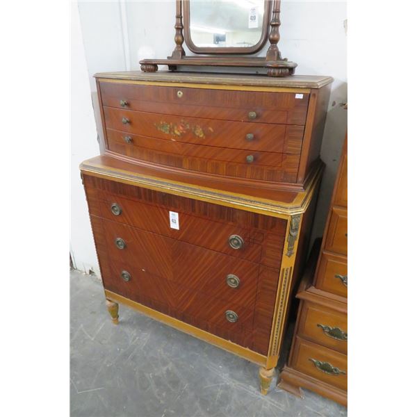 Tiger Oak 3 Over 3 Highboy Floral Dresser Motif