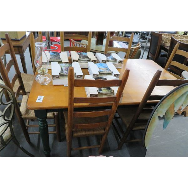 Green Oak Top Dining Table w/7 Rush Seat Chairs