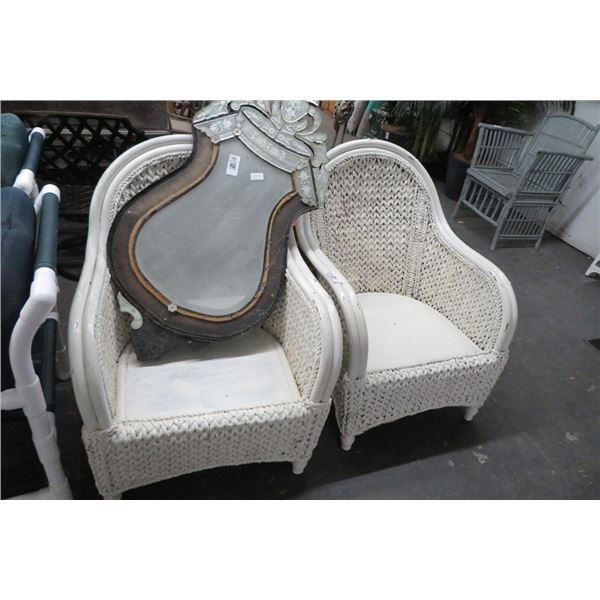 Distressed White Rattan Armchairs (Pair)