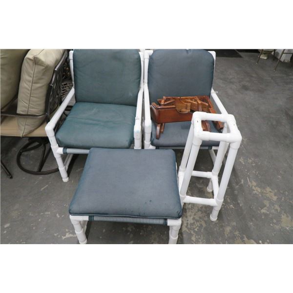 PVC Patio Armchairs (2) w/Ottoman & Table Base