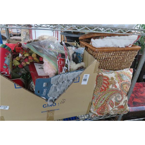 Box of Christmas Supplies, Rattan Bin w/Pillows