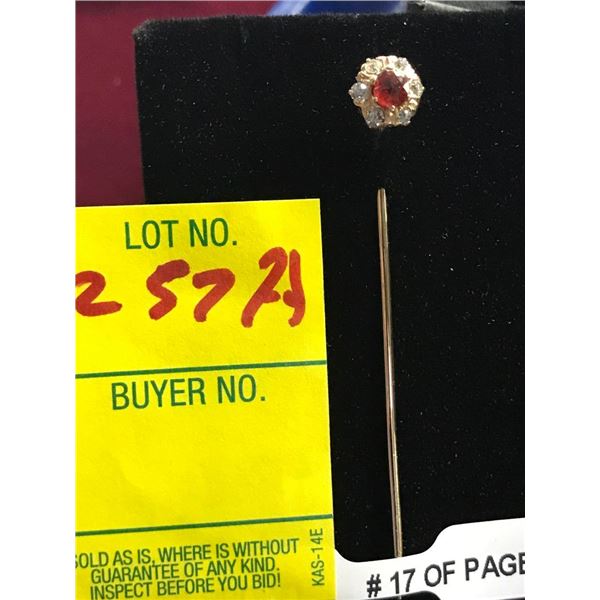 14K Yellow Gold Ruby and Diamond Stick Pin 2.1g