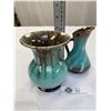 Image 1 : Vase and Jug Pair - 5" Tall, Chocolate Brown Dripping on Turquoise, West German, Stamped and Numbere