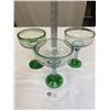 Image 1 : Lot of 3 Vintage Mexican Hand Blown Margarita Glasses, Rare Green Rim and Stem Base