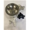 Image 1 : 1993 Seagull Penter Baby Bowl Etain Zinn Elephant, Giraffe and Bear and Hugging Elephant Salt and Pe