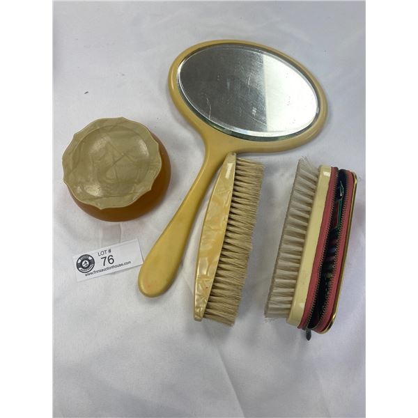 Vintage Vanity Mirror, Powder Box, and Brushes - One with Manicure and Sewing Kit