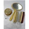 Image 1 : Vintage Vanity Mirror, Powder Box, and Brushes - One with Manicure and Sewing Kit