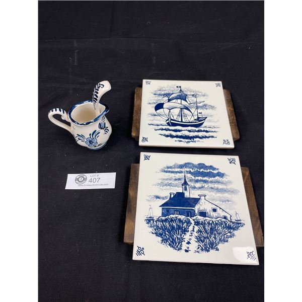 Delft Lot - 2 Trivets, Small Jug and Spoon