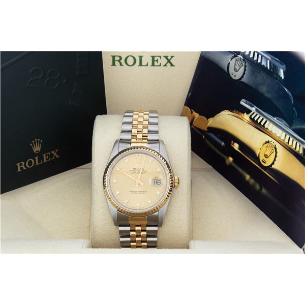 Rolex Mens 18K/SS Factory Champagne Diamond Dial With Box And Booklets