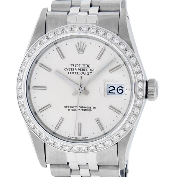 Rolex Mens Stainless Steel Silver Index 36MM Diamond Datejust Wristwatch