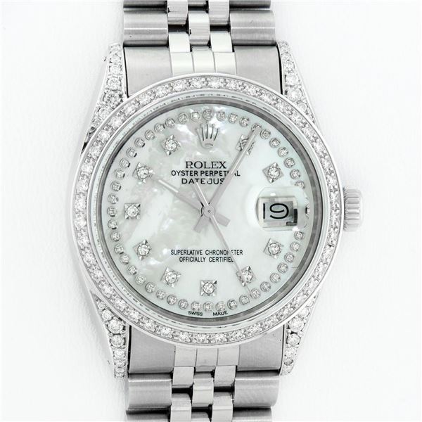 Rolex Mens Stainless Steel Mother Of Pearl Diamond Lugs Datejust Wristwatch