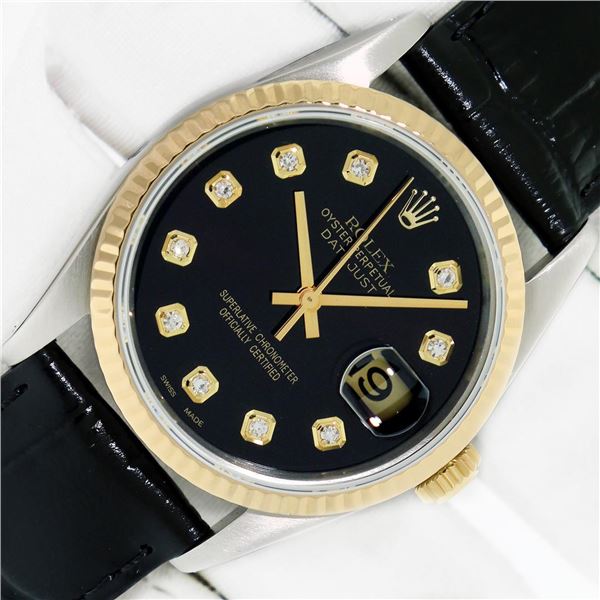 Rolex Mens 2T Datejust With Black Diamond Dial And Leather Band