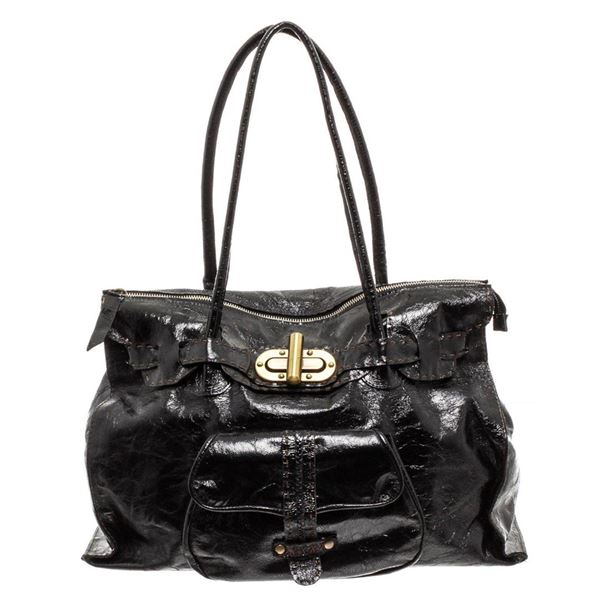 Carla Mancini Black Crinkle Patent Leather Shoulder Tote Bag