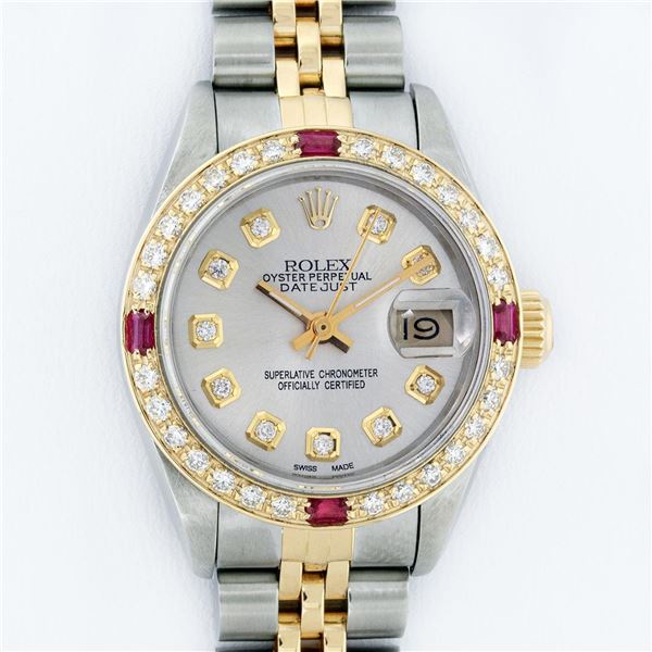 Rolex Ladies 2 Tone Silver Diamond & Ruby Oyster Perpetual Datejust Wristwatch