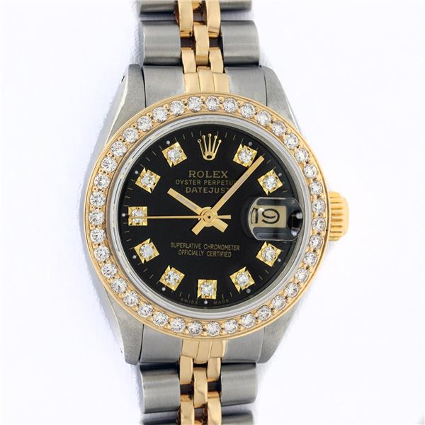 Rolex Ladies 2T 26MM Black Diamond Bezel 1 ctw 18K Yellow Gold Datejust Wristwat