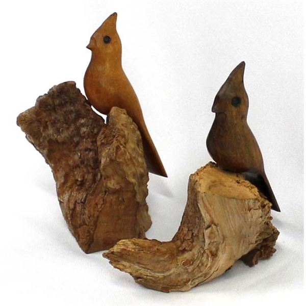 2 Hand Carved Wood Birds