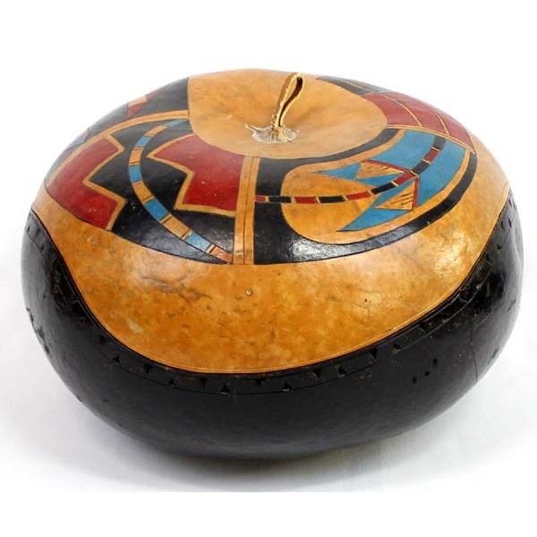 Large Yaqui Hand Painted Carved Lidded Gourd Bowl