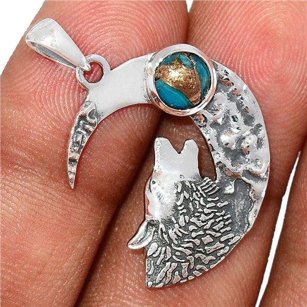 Wolf Crescent Moon Turquoise Sterling Pendant