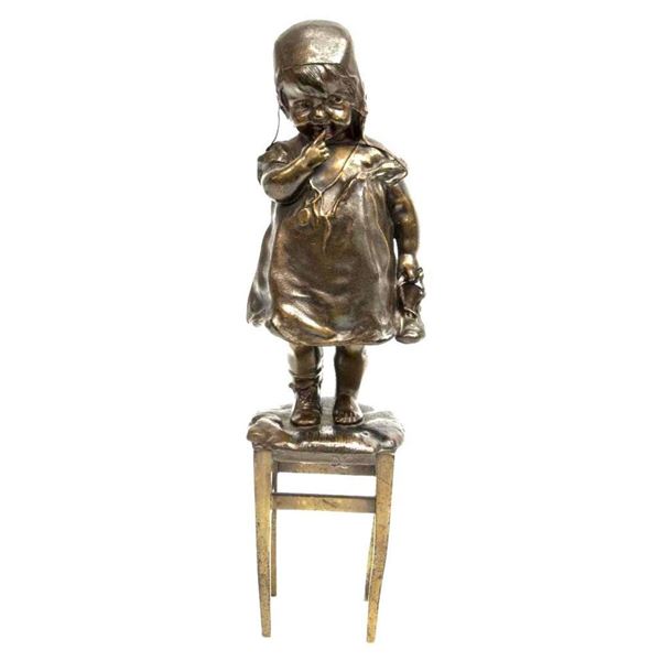 After Juan Clara, Young Girl on Stool Bronze Figure