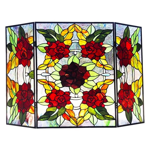 Stained Art Glass Roses Fireplace Screen