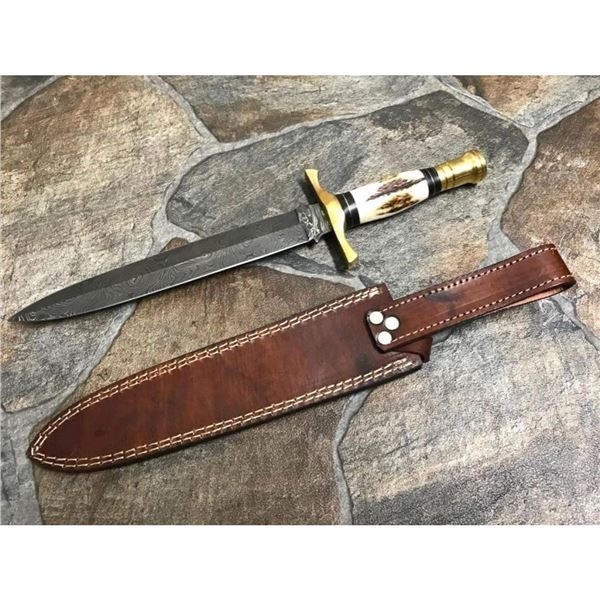 Damascus Steel Stag Horn Hunting Knife