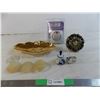 Image 1 : gold leaf dish, misc items, heavy duty timer