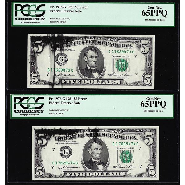 (2) Consecutive 1981 $5 Federal Reserve Ink Smears Error Notes PCGS Gem New 65PPQ