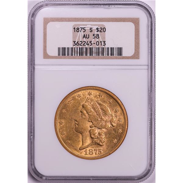 1875-S $20 Liberty Head Double Eagle Gold Coin NGC AU58
