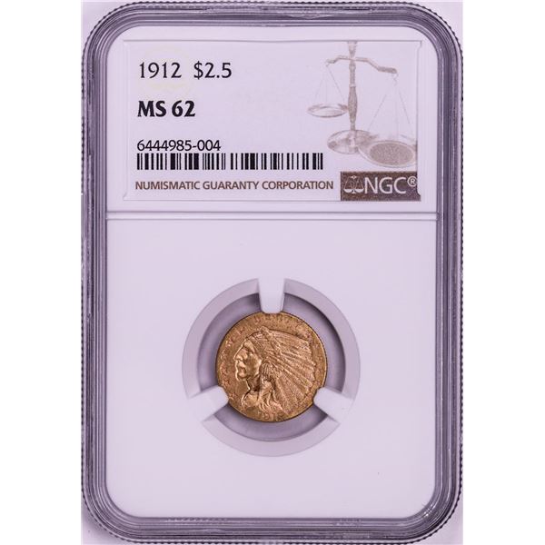 1912 $2 1/2 Indian Head Quarter Eagle Gold Coin NGC MS62