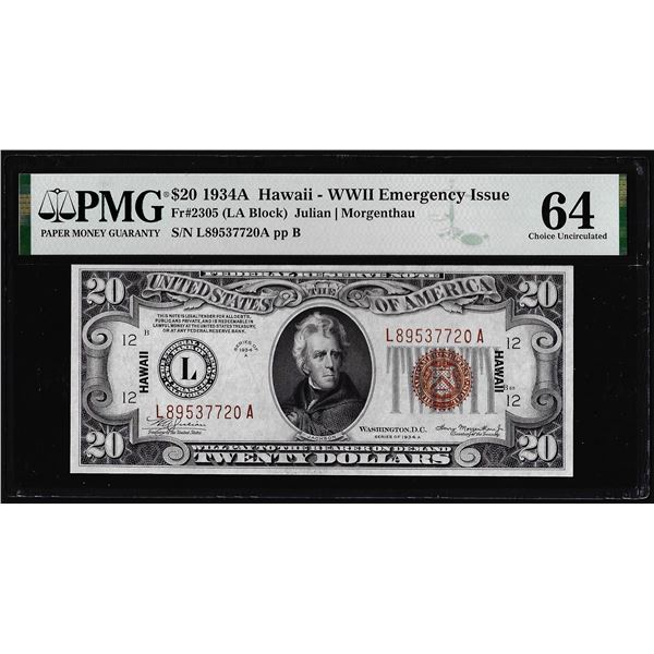 1934A $20 Hawaii WWII Emergency Issue Federal Reserve Note PMG Choice Uncirculated 64