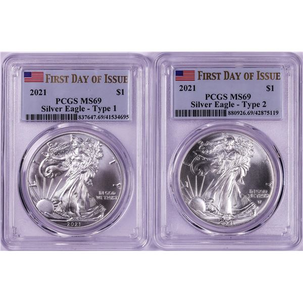 Lot of 2021 Type 1 & 2 $1 American Silver Eagle Coins PCGS MS69 First Day of Issue