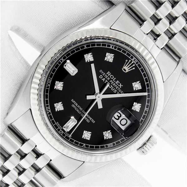 Rolex Men's Stainless Black Diamond Datejust Wristwatch Oyster Perpetual