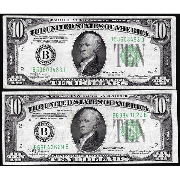Lot of (2) 1934A $10 Federal Reserve Notes New York