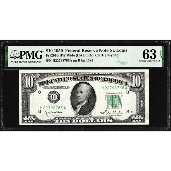 1950 $10 Federal Reserve Note St. Louis Fr.2010-HW Wide PMG Choice Uncirculated 63EPQ