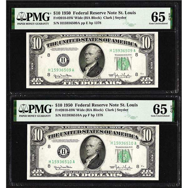 Lot of (2) Consecutive 1950 $10 Federal Reserve Notes STL PMG Gem Uncirculated 65EPQ