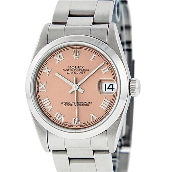 Rolex Midsize Stainless Steel Salmon Roman Datejust Wristwatch