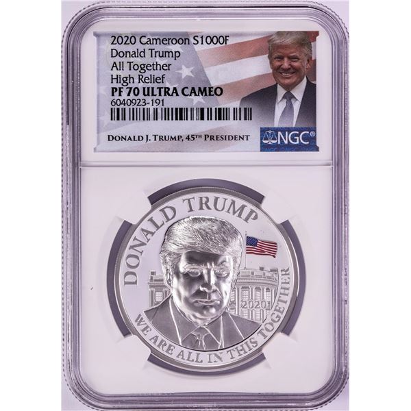 2020 Cameroon 1000 Francs High Relief Donald Trump Silver Coin NGC PF70 Ultra Cameo