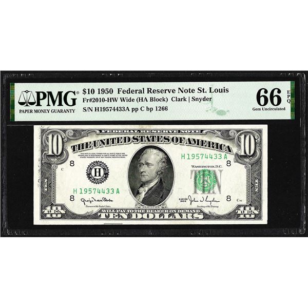 1950 $10 Federal Reserve Note St. Louis Fr.2010-HW Wide PMG Gem Uncirculated 66EPQ