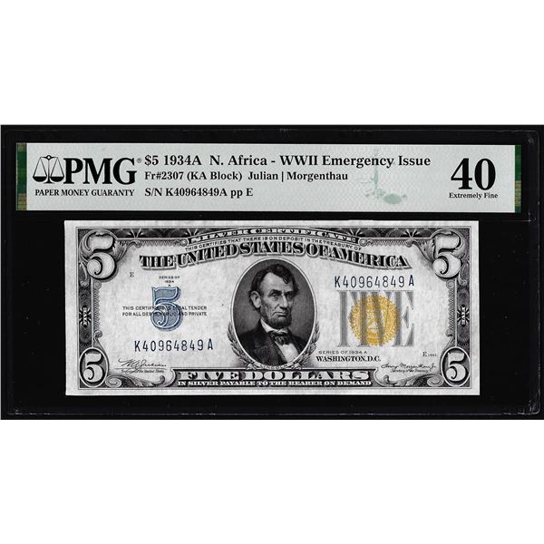 1934A $5 North Africa WWII Emergency Silver Certificate Note PMG Extremely Fine 40