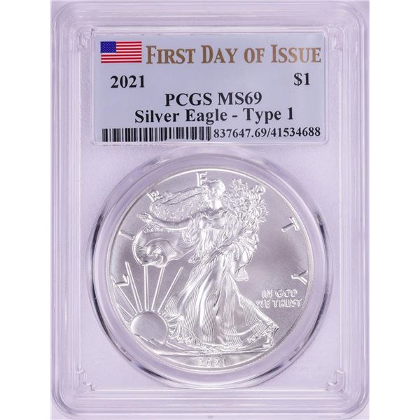 2021 Type 1 $1 American Silver Eagle Coin PCGS MS69 First Day of Issue
