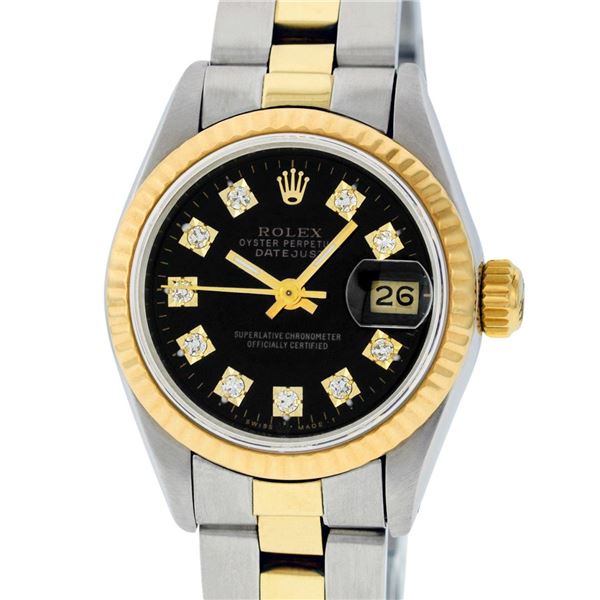 Rolex Ladies Two Tone Black Diamond Oyster Perpetual Datejust Wristwatch