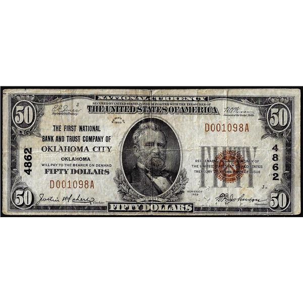 1929 $50 First NB & Trust Company Oklahoma City, OK CH# 4862 National Currency Note