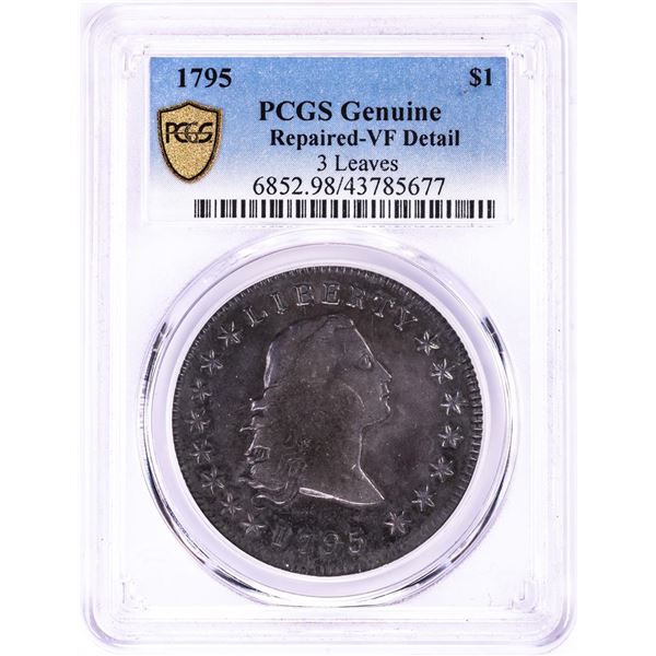 1795 3 Leaves $1 Flowing Hair Silver Dollar Coin PCGS VF Details