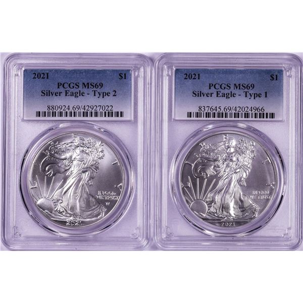Lot of 2021 Type 1 & 2 $1 American Silver Eagle Coins PCGS MS69