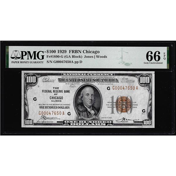 1929 $100 Federal Reserve Bank Note Chicago Fr.1890-G PMG Gem Uncirculated 66EPQ