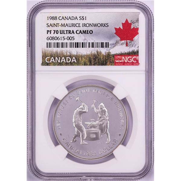1988 $1 Proof Canada Saint-Maurice Ironworks Silver Dollar Coin NGC PF70 Ultra Cameo